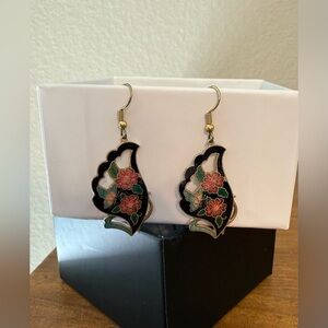 Vintage Cloisonné Enamel Black and Pink Floral and Butterfly Dangle Earrings